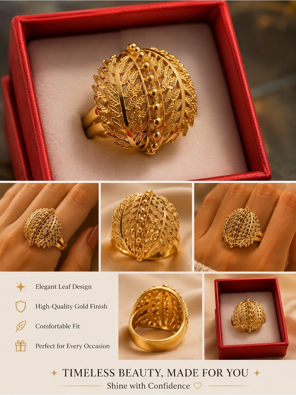 Gold Leaf Dome Statement Ring - Brand